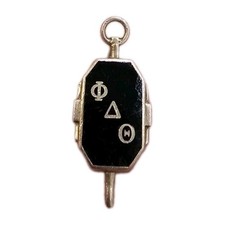 VINTAGE Phi Delta Theta FOB Fraternity Key Pendant Gold Tone Black Enamel picture