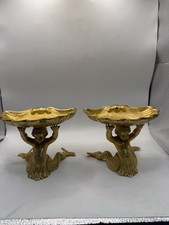 Vintage Pair Solid Brass Mermaid Figural Shell Compote Tazza Dishes 5” * picture