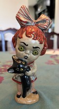 Vaillancourt Folk Art Halloween Girl w/ Black Cat Chalkware Figurine Signed 2017 picture