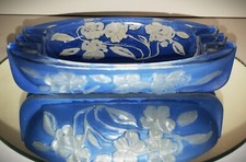 SCARCE 1938 ART DECO Sculpted Art Glass PHLOX ASHTRAY in Blue Wash picture