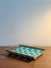 Vintage MCM Turquoise Woven Metal Vanity Tray Gold Tone 1960s 70s Retro picture