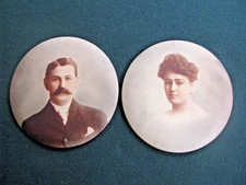 SET OF 2 antique metal photographs round sepia tones, probably a couple 6