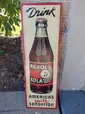 c.1930s Original Vintage Drink Nichol Kola Sign Metal Embossed 5c Nehi Soda Coke picture