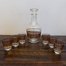 Vintage French Glass Decanter & 6 Shot Glasses Set – Gold Scroll – Marked FRANCE picture