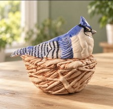 VIETRI Blue Jay Bird on Nest Covered Bowl Ceramic Trinket Box Made in Italy picture