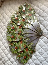 Antique Christmas Victorian Calendar Fan Holly Berries Ivy Vintage picture