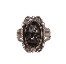 Mexico Silver Black Stone Ring ca. 1950s   Size - 5.5
