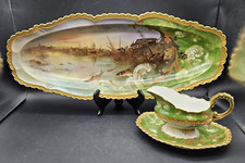 Antique JPL Limoges France Hand painted Fish Platter & Gravy Boat 3 Plates picture