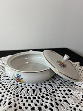 Vintage Hollohaza Hungary Porcelain Lidded Bowl - Floral Design, Gold Trim picture