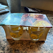 Libbey Vintage 1970s Smiley Face 2 oz Clear/Yellow Glass Shot Glasses, Set of 4 picture