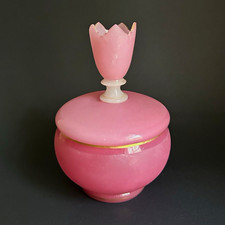 Antique  Pink Opaline Satin Glass Covered Powder Jar Gold Trim picture