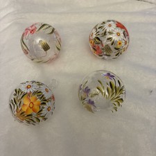4 Vintage Hand Painted Glass Floral Sphere Ornaments Flowers Gold Label Germany picture