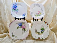 4 Rare Vintage Shelley Art Deco Square Plates Hand Painted Floral 1930s Violets  picture