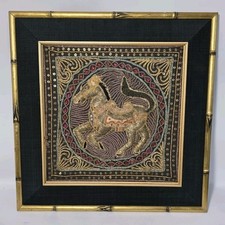 Vtg/Antique Burmese Kalaga Horse Tapestry Handmade Embroidered Sequin Framed picture