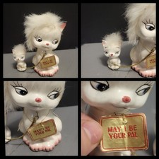 Vintage Ceramic Mother Cat Kitten On Chain Fur Anthropomorphic Norcrest Kitsch picture