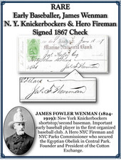 Early Baseballer, James Wenman, N. Y. Knickerbockers & Hero Fireman Signed Check picture
