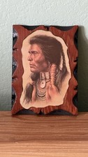 Vintage 1986 Native American Indian Portrait Wooden Wall Plaque Handmade Signed picture