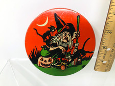 HALLOWEEN Noisemaker WITCH CAT JOL Tin Litho WOOD HANDLE U.S Metal Toy VTG 1950 picture