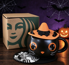 NEW HOT Starbucks Halloween Black Cat Coffee Mug with Cover Coaster Gift Limited picture