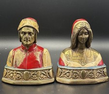 Antique 1920s Dante & Beatrice Polychrome Bronze Clad Bookends Pompeian Co MCM picture