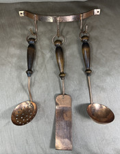 VTG Hammered Copper & Wood Handle 3 Piece Utensil Set w/ Hanging Hook Rack Mount picture