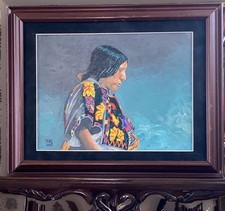 Vintage Framed oil on Canvas Wooden Board of Native Warrior Signed By DAVIS picture