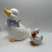 Vintage 80’s Ceramic Duck Ribbon Figures Set of 2 Country Farmhouse Cottagecore picture