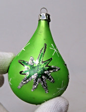 VTG Glass ATOMIC STAR PEAR Glitter DROP Christmas Ornament Fantasia Poland GREEN picture