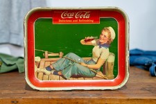 Vintage Original Coca Cola Serving Tray 1940 Sailor Girl Fishing Pole Metal Sign picture