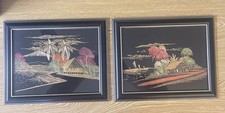Pair Vintage Mid Century Rice Straw Art Framed Asian Tropical Landscape Set 2 picture