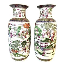 Magnificent Pair of Tall Chinese Famille Rose Porcelain Urns Vases Vessels picture