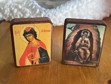 Set 2 VTG RUSSIAN ORTHODOX PAINTED WOOD ICONS - 1.75” X 1.25” Christian Gift picture
