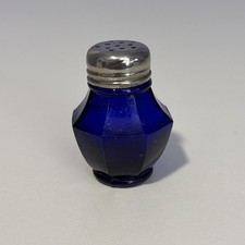 Vintage Small Cobalt Blue Glass Faceted Salt / Pepper Shaker Silver Tone Lid 2