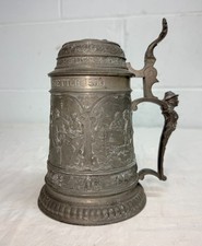 Antique ornate 1900 figural German pewter lidded engraved relief beer stein mug picture
