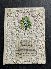 Antique Victorian Birthday Card Figural Paper Lace Cherubs Birds Lily of Valley picture