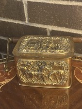 Antique Gilt Metal & Bronze Humidor Box Repousse Horse Decoration Tobacco Cigar picture