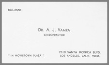 Dr A. J. Vampa Movietown Plaza Chiropractor Los Angeles CA Vintage Business Card picture