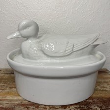Vintage BIA Cordon Bleu White Porcelain Duck Covered Casserole Dish 80s picture