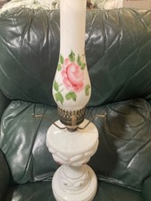 Vintage White Milk Glass Gone With The Wind Style Lamp Pink Roses Floral Works picture