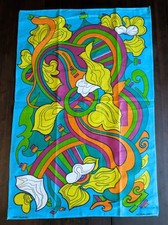 Vintage 1970s Psychedelic Linen Tea Towel Czechoslovakia Retro Ribbon Floral  picture