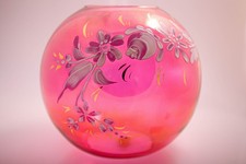 Vintage 1940s Iridescent Floral Cranberry Glass Globe Vase Hand Painted picture