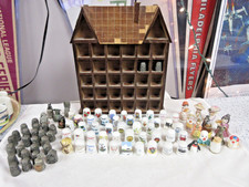 Huge Vintage Mixed Lot 88 Thimbles Pewter Porcelain Figural Ceramic Wooden Case picture