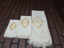 Vintage White Towel Set Gold Embroidered H Made In USA picture