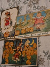 Halloween Lot Of THREE scarce 1910 Era Postcards - TUCKS - NASH Witch JOL Ghoul picture