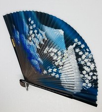 Rare 1950s Japanese Lacquered Silk Hand Fan Peacock Mt. Fuji Hand Painted Art 11 picture