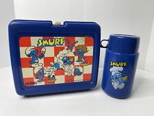 Vintage 1980's Smurf Thermos Brand Blue Plastic Lunch Box With Thermos picture