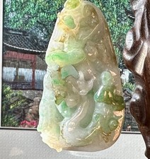 VINTAGE  GRADE A JADEITE JADE DRAGON 🐉 CARVING NO CRACK Rare Brownish Ribbon👀 picture