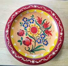 Vtg Norwegian Rosemaling Hand-Painted Wood Plate Nordic Folk Art  11.5