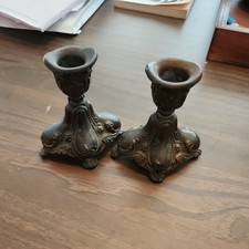 Pair 2 Antique Victorian Candlestick Holders Bronze Patina Floral Bobeche picture
