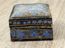 Vintage HandPainted Kashmir Floral Trinket Box  Blue & Gold Folk Art Decor picture